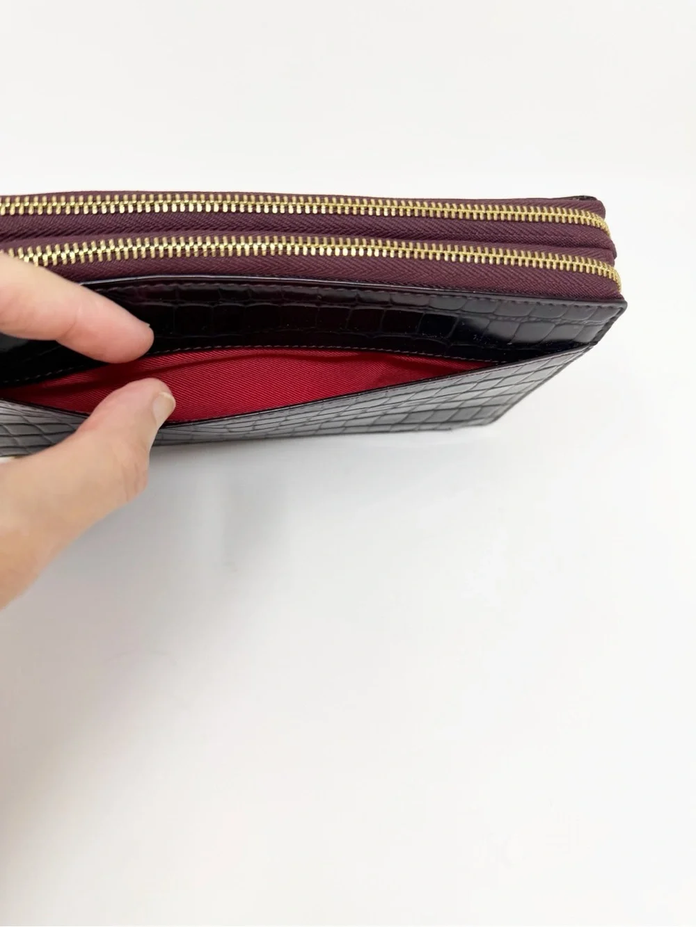 Tusk Croc Embossed Leather Double Zip Around Continental Wallet Burgundy